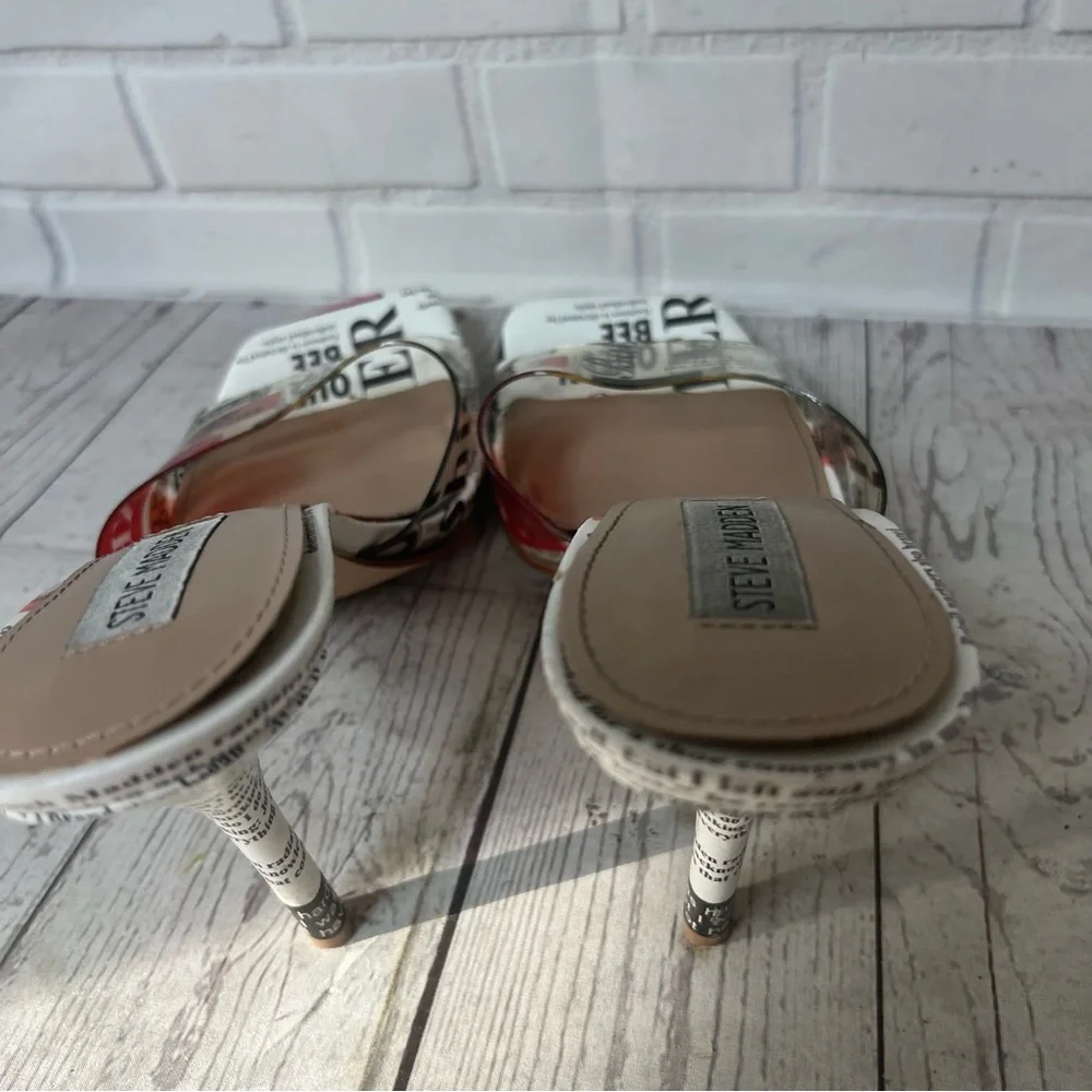 Vintage Steve Madden Y2K Size 10 Newspaper News Print Heels Clear Slide Shoes - Picture 12 of 16